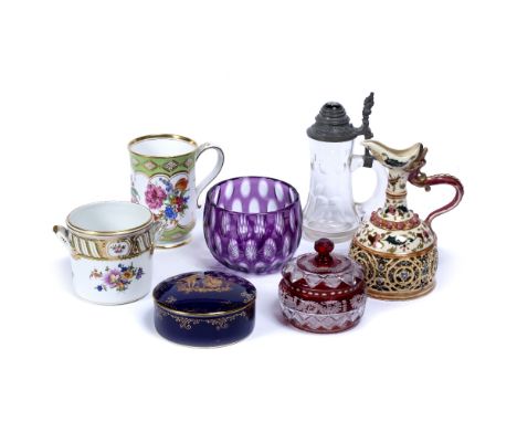 Group of glass and china including Zsolnay jug, 20 cm, Dresden two handled pot pourri, 10cm, Limoges box, 12cm and four other