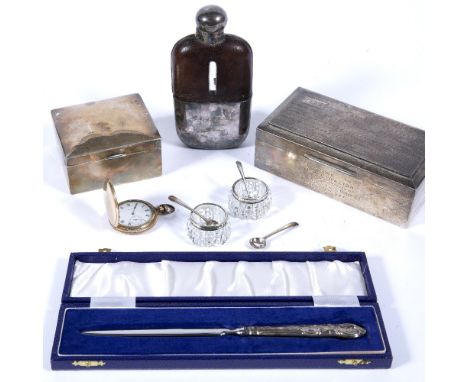 Gold plated pocket watch two silver cigarette boxes, salts, hip flask etc