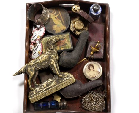 Small collection of miscellaneous including a brass door knocker in the form of an English setter, a miniature filigree purse