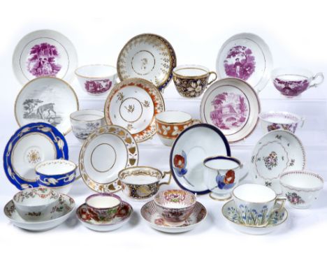 Group of English cups and saucers including New Hall, bat printed lustre and others