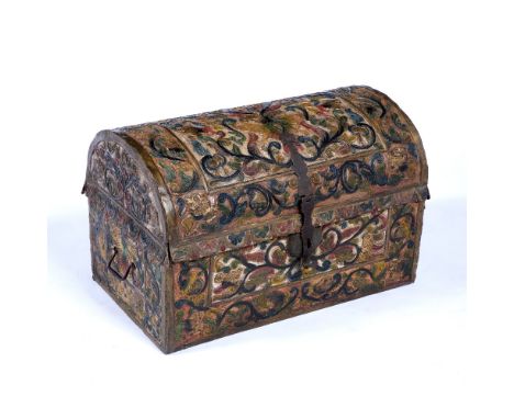 Embossed leather small trunk Spanish, 19th Century, in the 17th Century style, painted with foliate scrolls and with iron loc