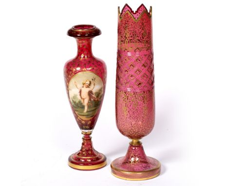 Bohemian ruby vase circa 1880, with painted panel, 32cm and one other glass vase, 36cm (2)