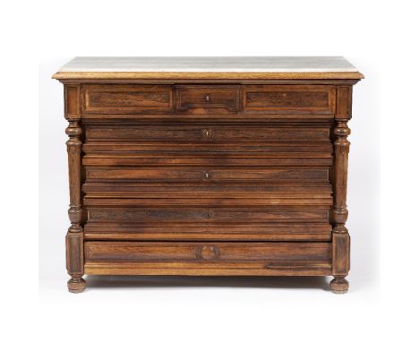 Rosewood and marble top commode French, 19th Century, fitted three drawers, 130cm across x 98cm high x 60cm deep
