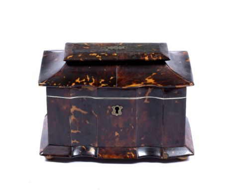 Tortoiseshell shaped tea caddy mid Victorian with silver metal escutcheon, 20cm across