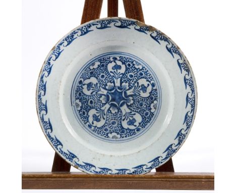 Delftware charger Dutch, circa 1800 with simple blue dash decoration, 35cm, mark to the reverse 'P'