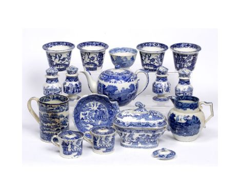 Group of blue transfer including Copeland Spode Italian pattern teapot and other pieces