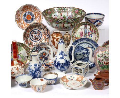 Group of porcelain Chinese and Japanese, 18th/19th Century, including miniature Yixing teapots, Canton bowl, 23cm, famille ro