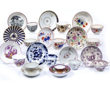 Twelve English cups and saucers including New Hall, lustre, bat printed and others
