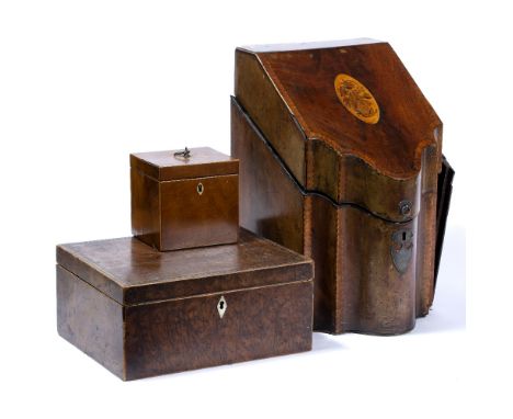 Mahogany and inlaid tea caddy 19th Century, 12cm, a burr walnut box, 27cm and a mahogany part knife box (3)