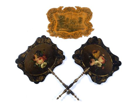 Two papier mache fans Victorian, each painted with flowers and one other fan mauchlin panel (3)