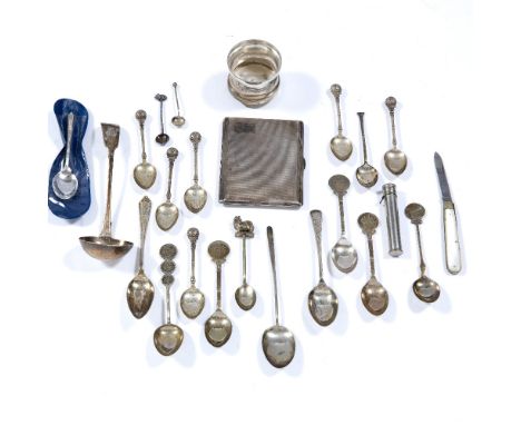 Small collection of miscellaneous silverware including teaspoons, cigarette case with engine turned decoration, silver ladle 