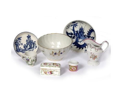 Salopian ware saucer dish 18th Century, a Worcester dish with blue dragons, 16cm, a patch stand, a porcelain box, an 18th Cen