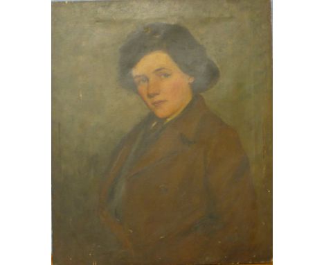 English School (mid 20th Century), half portrait of a lady, oil on canvas, indistinctly signed, 61 x 51cms, unframed 