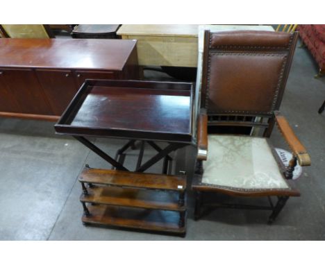 An oak armchair, wall shelf and a folding tray 