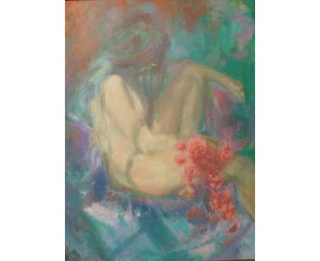 Douglas Hills A.R.C.A. (1924-1988), portrait of a seated female nude, oil on board, 90 x 67cms, framed, inscribed verso; St I