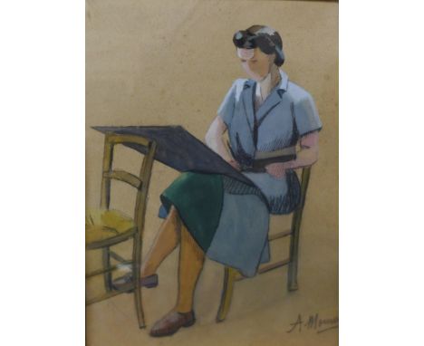 French School, self portrait of the artist, pencil and gouache, indistinctly signed, 20 x 15cms, framed 