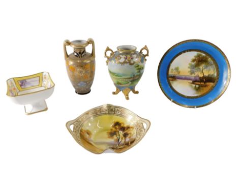 A Noritake porcelain plate, decorated with river landscape with swans, 12cm diameter, a vase decorated with a rural landscape