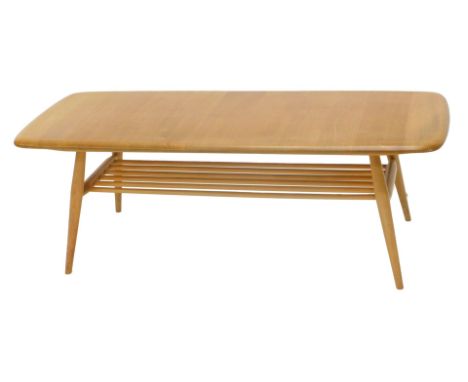 An Ercol light elm rectangular coffee table, on turned legs with under tier, 36cm high, 102cm wide, 43cm deep. 