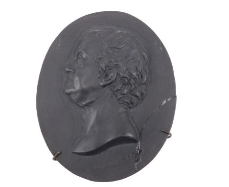 An 18thC Wedgwood and Bentley black Jasperware plaque, modelled with Benjamin Franklin in profile, 7cm x 6cm. (AF)