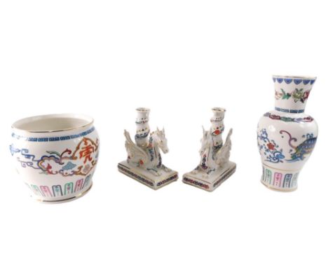 A pair of Franklin Mint Imperial Dragons of Heaven and Earth candlesticks, a Franklin Mint Courage of the Terrestrial Tiger, 