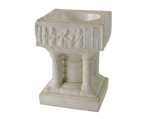 A Victorian Parian ware model of the Tournai font in Winchester Cathedral, decorated with birds, animals and figures, on colu