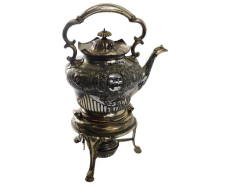A silver plated kettle and stand, with part fluted and embossed decoration, 30cm high. (AF)