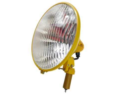 A yellow painted industrial light, with moulded lens, 30cm diameter. 