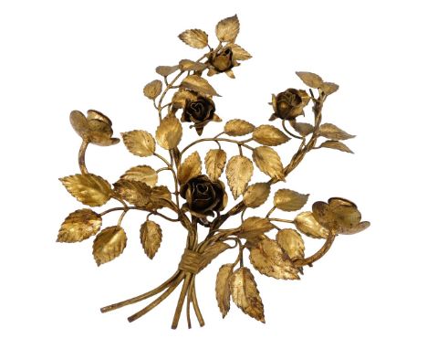 A gilt metal wall light, modelled in the form of roses surrounding two candle arms, 44cm high, 32cm wide. 