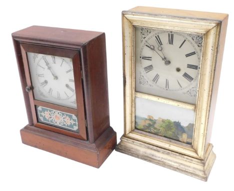 Two American mantel clocks, one in a part gilt case with verre eglomise panel, the other in a walnut case, the largest 40cm h
