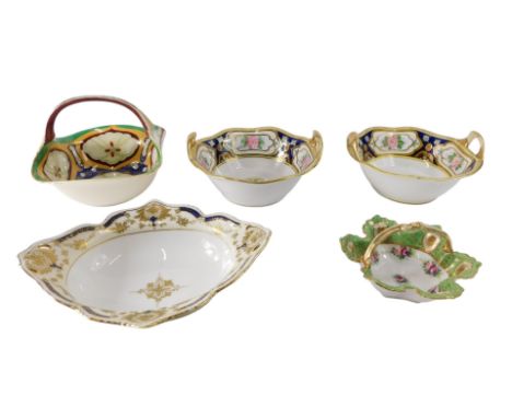 A pair of Noritake two handled bowls, decorated with pink flowers, a dish with low border, two baskets.
