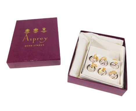 A set of six silver plated pear shaped menu holders, the box stamped Saint Hillaire, and a further empty box, retailed by Asp