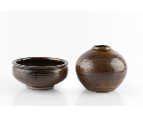 Paul Barron (1917-1983) Vase and bowl tenmoku glaze impressed potter's seals bowl 16.5cm diameter (2).