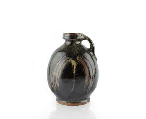 Mike Dodd (b.1943) Bottle vase tenmoku glaze, with loop handle and finger wipe decoration impressed potter's seal 20.5cm high