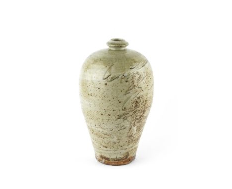 Jim Malone (b.1946) Vase celadon glaze, Meiping shape, incised decoration impressed potter's seal 31.5cm high.