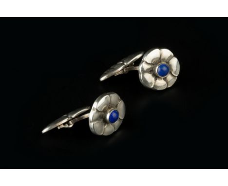Georg Jensen Cufflinks flowerhead design with lapis lazuli cabochons signed and stamped '925S Denmark' panel diameter 1.55cm.