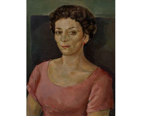 Jacob Kramer (1892-1962) Portrait of a lady in pink cardigan signed (lower right) oil on canvas laid on board 48cm x 37cm.