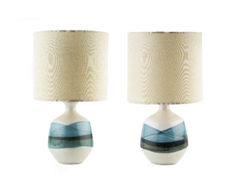 Tremaen Pottery Pair of lamp bases blue and white glazes 30cm high (excluding shades) (2).