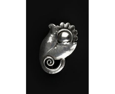 Panel brooch stylised foliate design signed 'Georg Jensen Inc USA' stamped 'Hand Wrought Sterling' 4.8cm long.