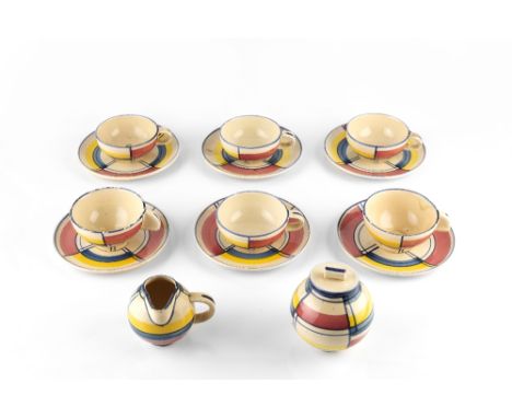 Eva Zeisel for Schramberger Tea set, circa 1930 painted geometric patterns, comprising five cups and saucers, a milk jug and 