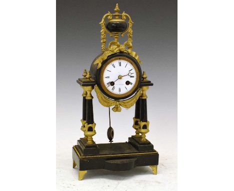 Late 19th Century French ebonised portico clock, retailed by F H Goulding, having a signed white Roman dial, two-train moveme