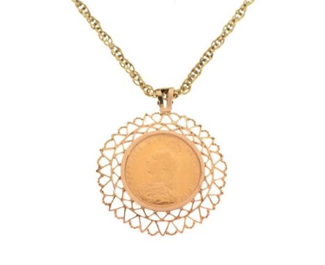 Sovereign 1891, in a 9ct gold pendant mount, on a  '9ct' chain, 61cm long approx, 25.3g gross approx 