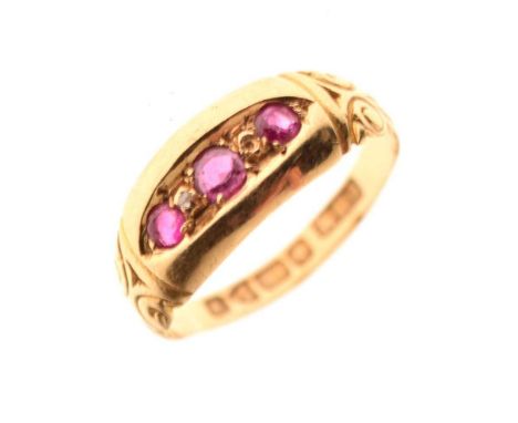 Antique 18ct gold ruby and diamond ring, size I, Chester 1906, 1.9g gross approx (one diamond missing)