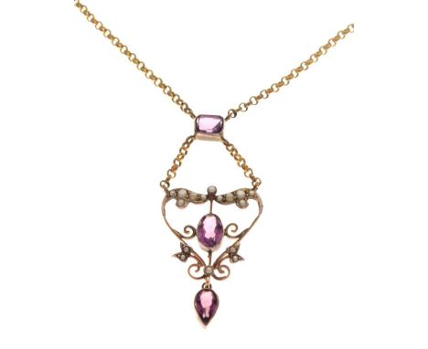 Edwardian seed pearl and amethyst pendant, unmarked, 42.5cm long approx