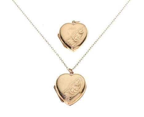 9ct gold heart-shaped locket with fine chain, plus another 9ct gold locket without chain, 7g gross approx