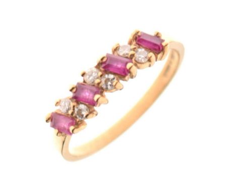 9ct gold, ruby and diamond ring, the four baguette cut rubies each with two diamonds inbetween, size N, 1.8g gross approx