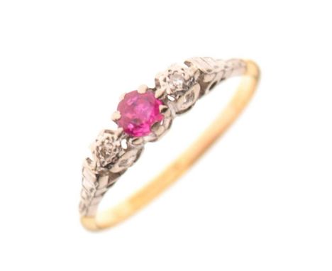 '18ct &amp; Plat', ruby and diamond three-stone ring, size O, 2.2g gross approx