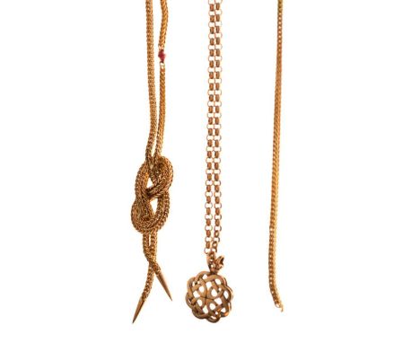 9ct gold Celtic knot pendant on 9ct gold chain, and a yellow metal (9ct) knot chain (A/F), (2)