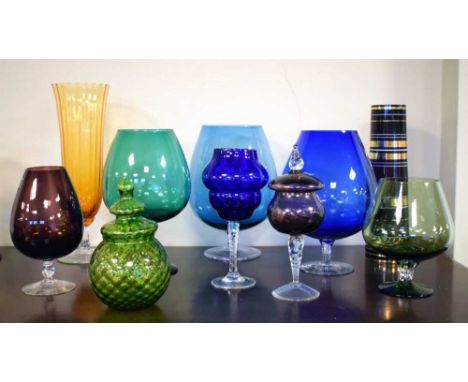 Quantity of vintage coloured glass, 35cm high and smaller (10)