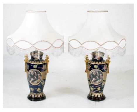 Pair of Continental style lamp bases and shades, 79cm high 