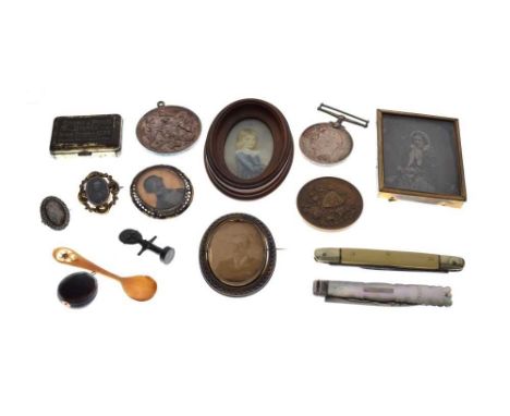 Quantity of objects of virtue to include portrait miniatures, mother-of-pearl silver folding fruit knife, First World War War